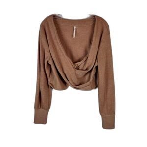 By Anthropologie Cross Front Long Sleeve Cropped Top Sweater Knit Camel Tan S